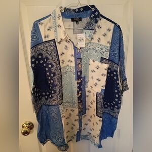 Julia Blue and White Western Patchwork Shirt NWT 1X